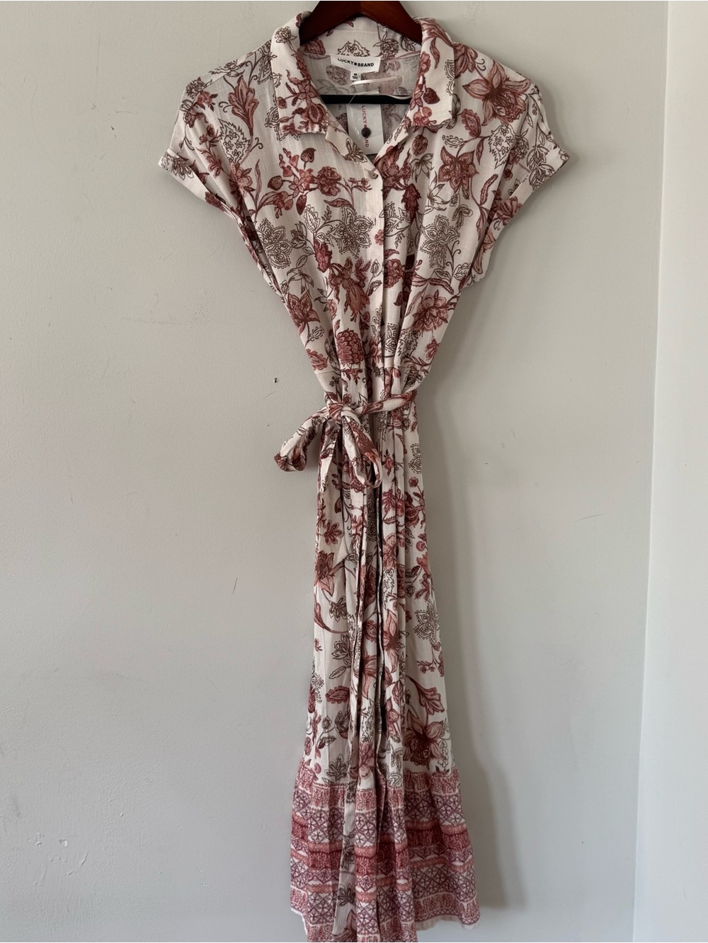 Lucky Brand Boho Rose Floral Print Midi Shirt Dress Size Medium NWT